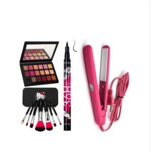 PROFESSIONAL ROSE GOLD EYE SHADOW 18 COLOUR +HELLO KITTY MAKEUP BRUSH SET +36H EYELINER +HAIR STRAIGHTNER WITH STORAGE BOX