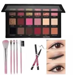 Combo set of 3 items (18 color Stunning Eyeshadow Palette Glitter glossy With 5 pieces Multipurpose Brush set And 1 long lasting Eyeliner)